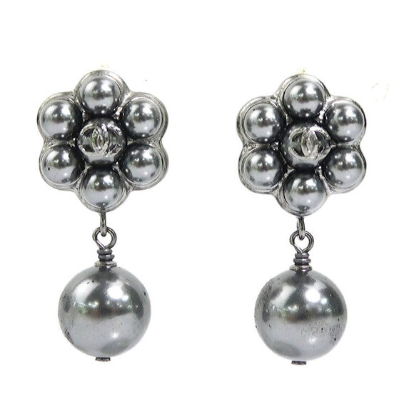 CHANEL Gray Pearl Logo Earrings - Picture 1 of 5